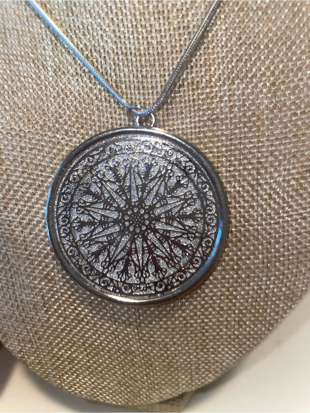Intricate Round Silver Medallion long Pendant Necklace